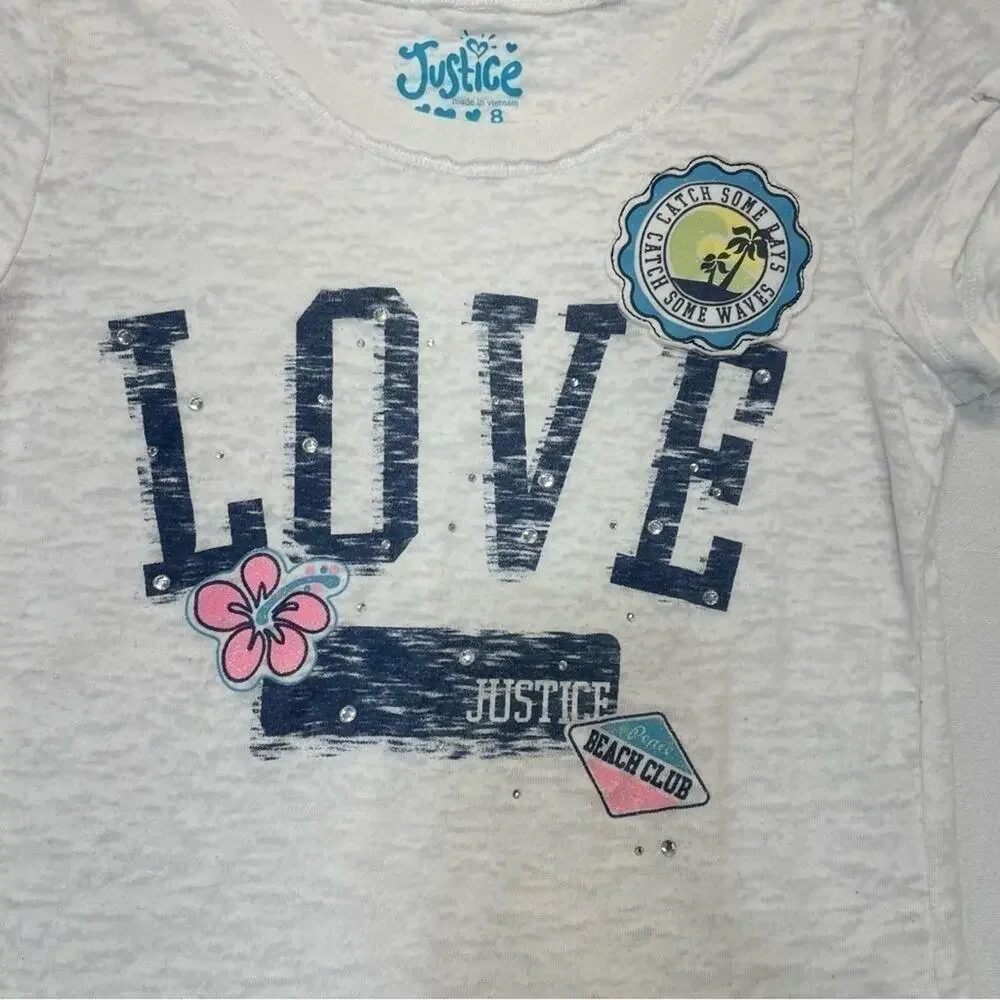 Justice Love Graphic T-shirt Girl’s Size 8 white burnout tee Y2K 90s